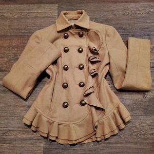 Kimchi Blue Tan Ruffle Military Double Breasted Wool Blend Jacket